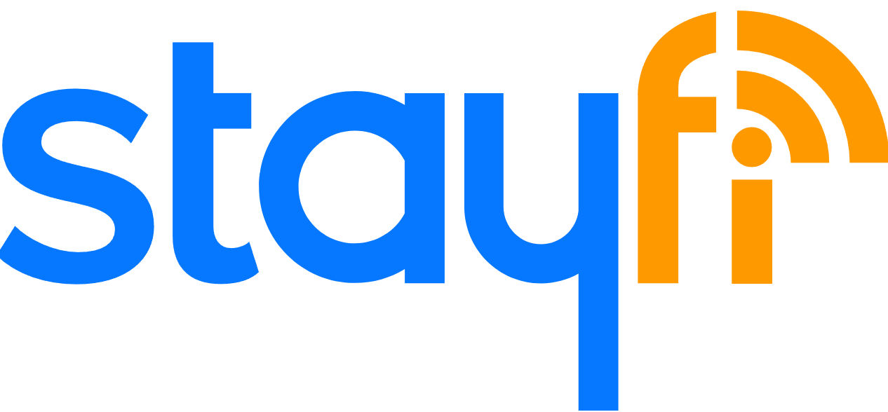 A blue and orange logo for stayfi on a white background