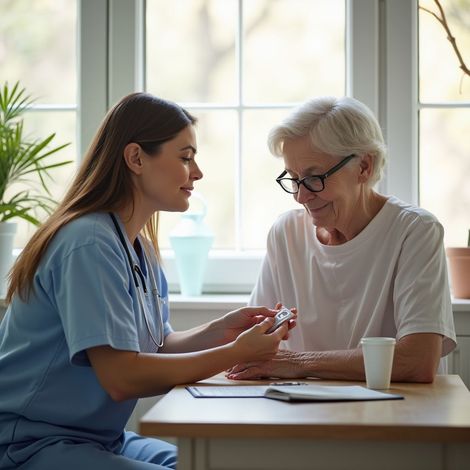 Nurse showing medication to an older adult at a table near a window.