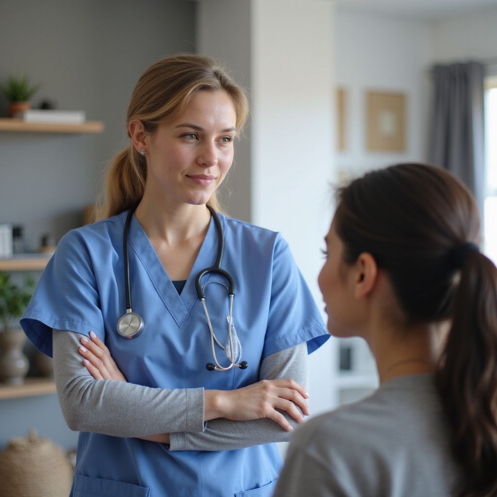 Nurse in blue scrubs, arms crossed, talking to a patient, indoors.