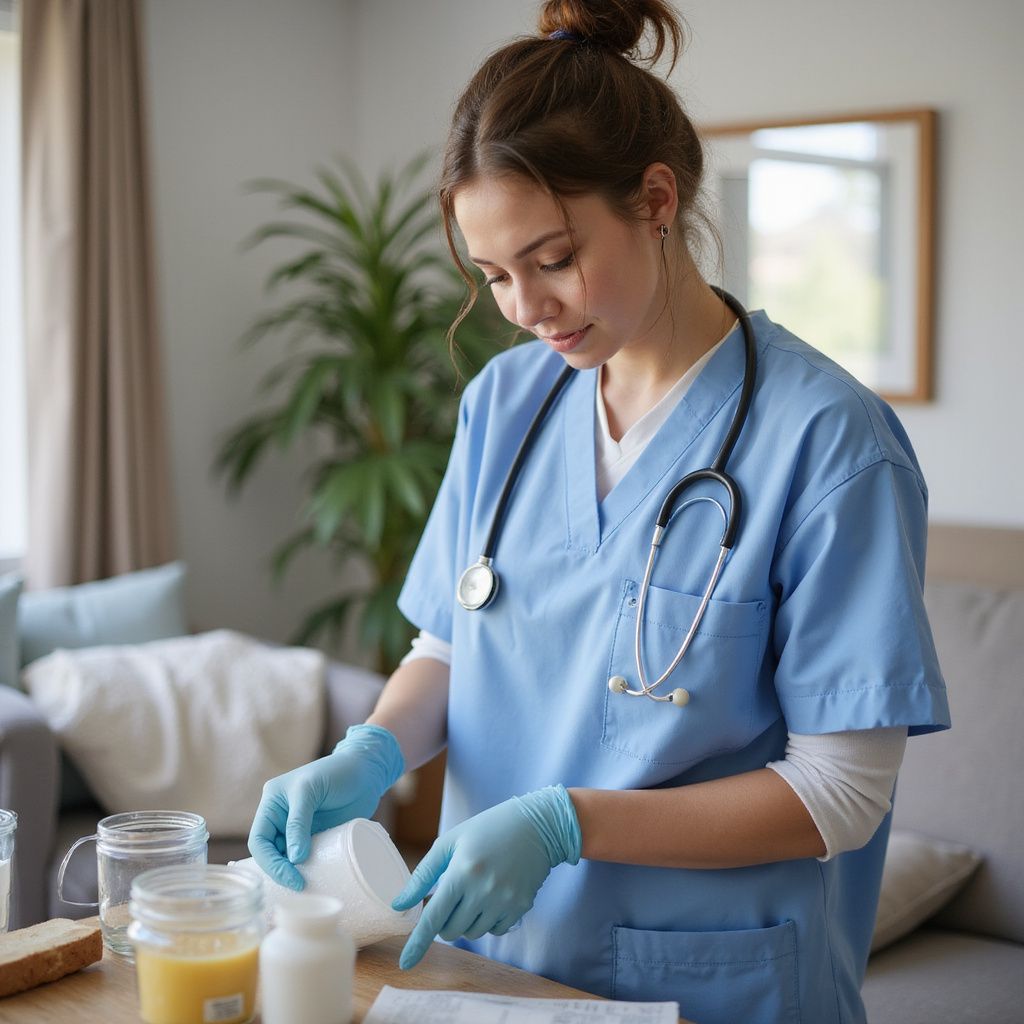 Nurse in blue scrubs with stethoscope, pouring pills in a home setting.