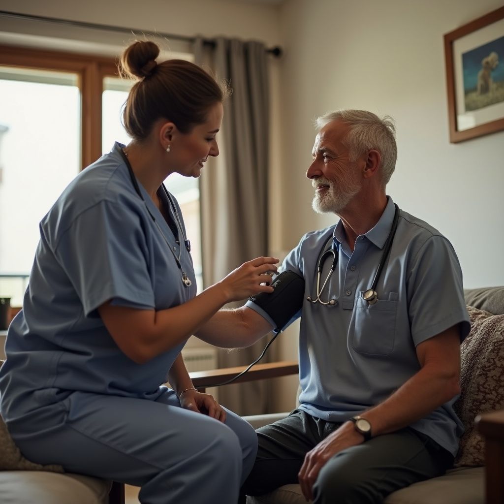 Nurse taking a man's blood pressure indoors. The nurse is wearing blue scrubs. The man has a stethoscope.