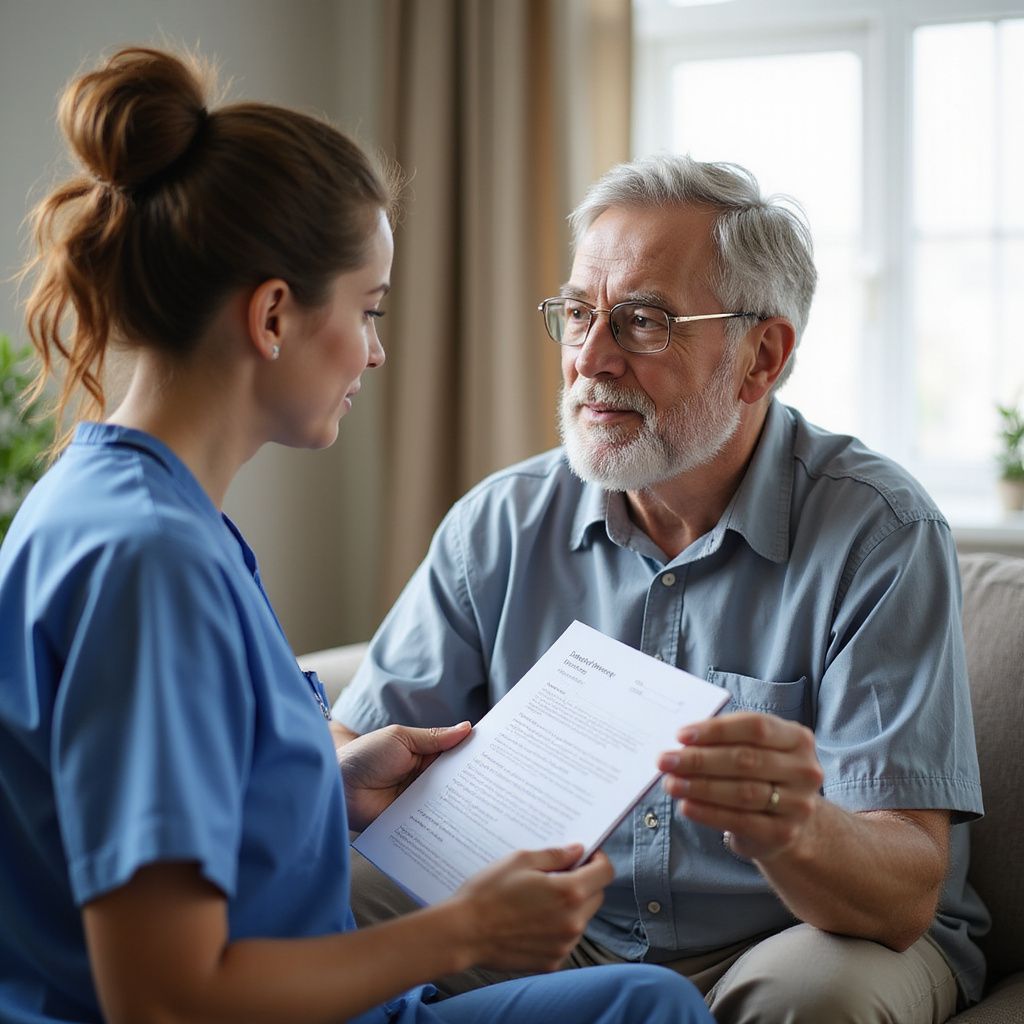 Woman in blue scrubs shows paperwork to a man with gray hair in a home setting.