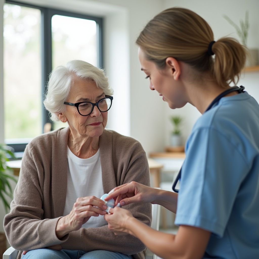 Woman with glasses, assisted by a person in blue scrubs, examines pills indoors.