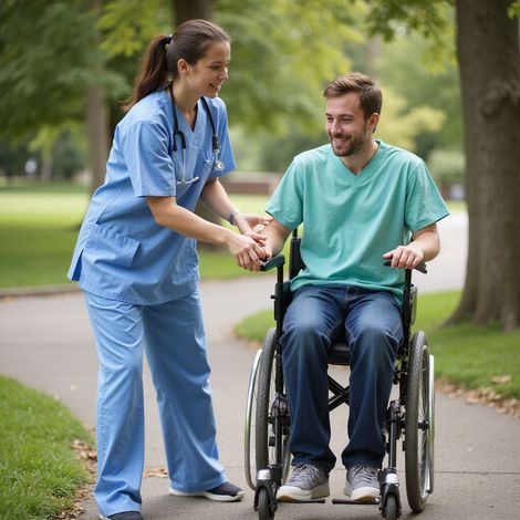 Nurse assists person in wheelchair on a park path; both smiling. The nurse wears blue scrubs.