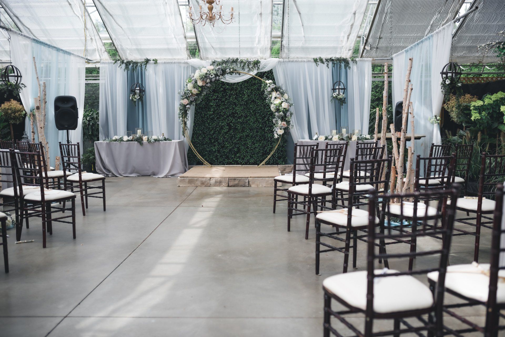 A row of chairs are lined up in a greenhouse for a wedding ceremony.