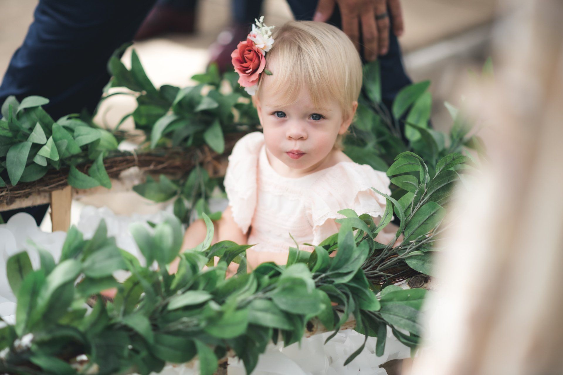 A little girl in a flower girl dress is sitting in a wagon surrounded by leaves.