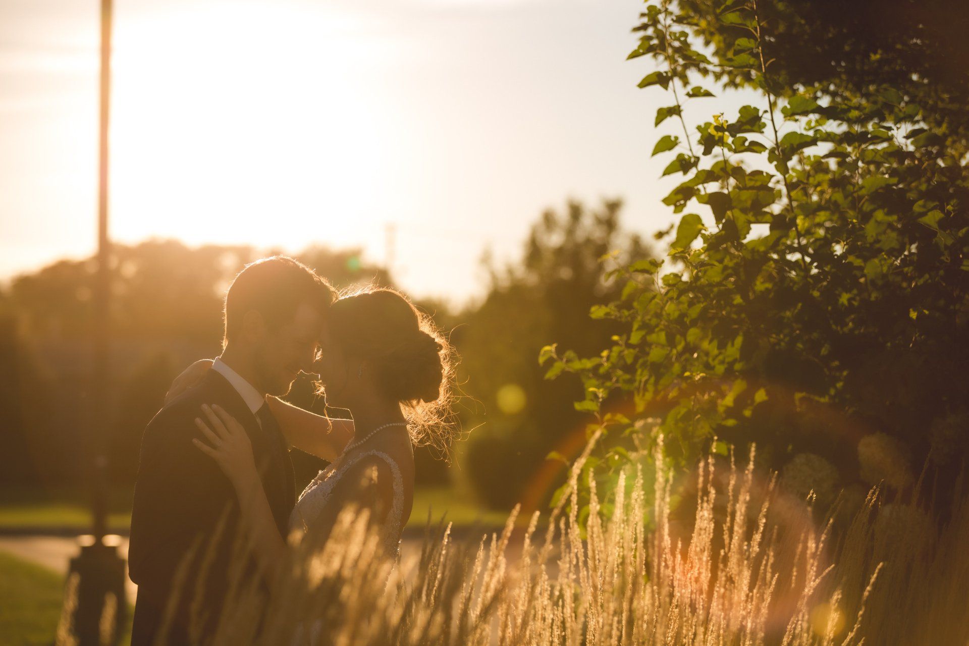 A bride and groom are kissing in a field at sunset.
