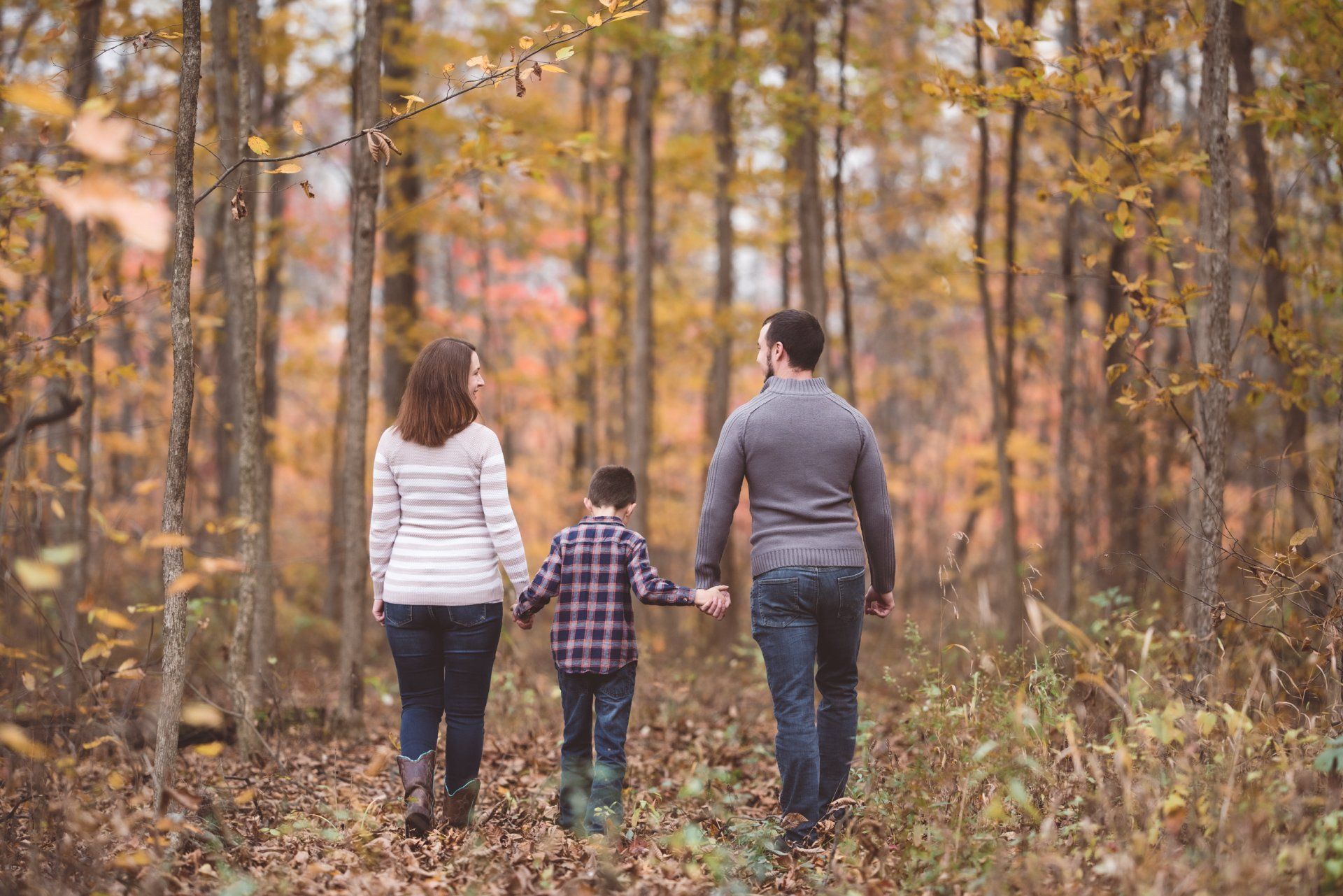 A family is walking through the woods holding hands.