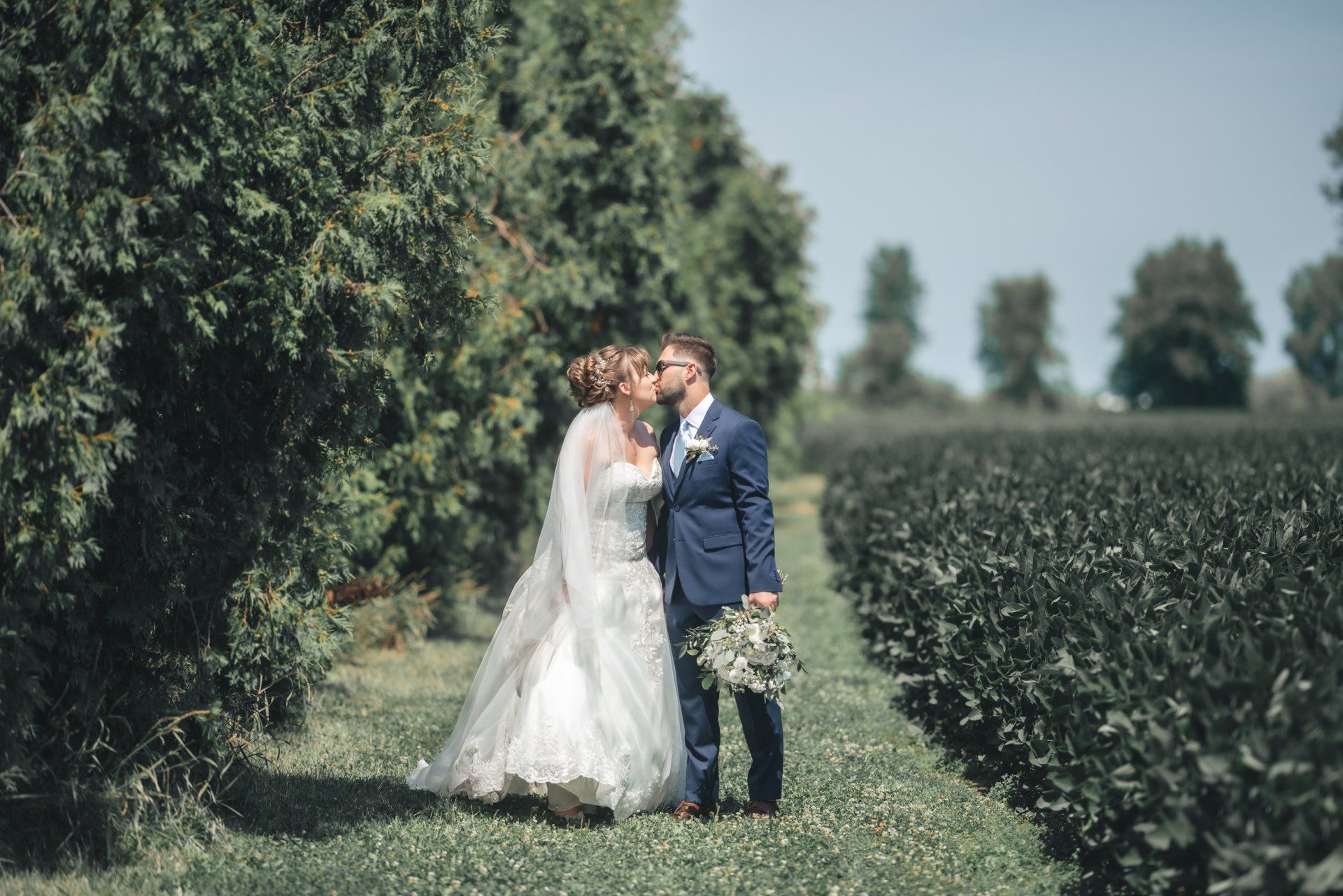 A bride and groom are kissing in a field of trees.