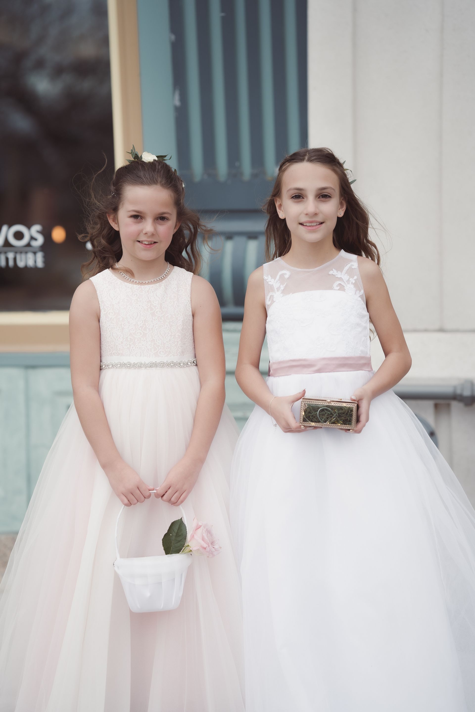 flower girls, portrait, holding box and basket of petals, Retro Suites Hotel, vintage wedding