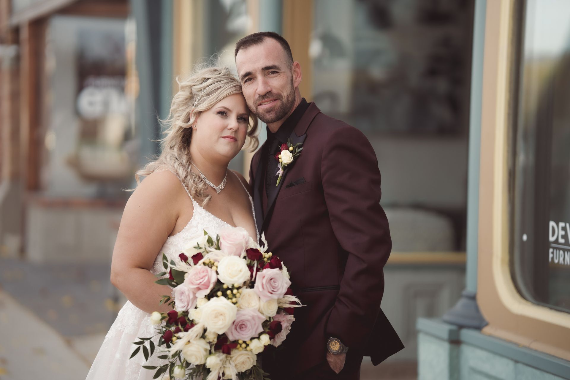 Portrait of bride and groom faces together, staring into the camera, Retro Suites Hotel, vintage wedding