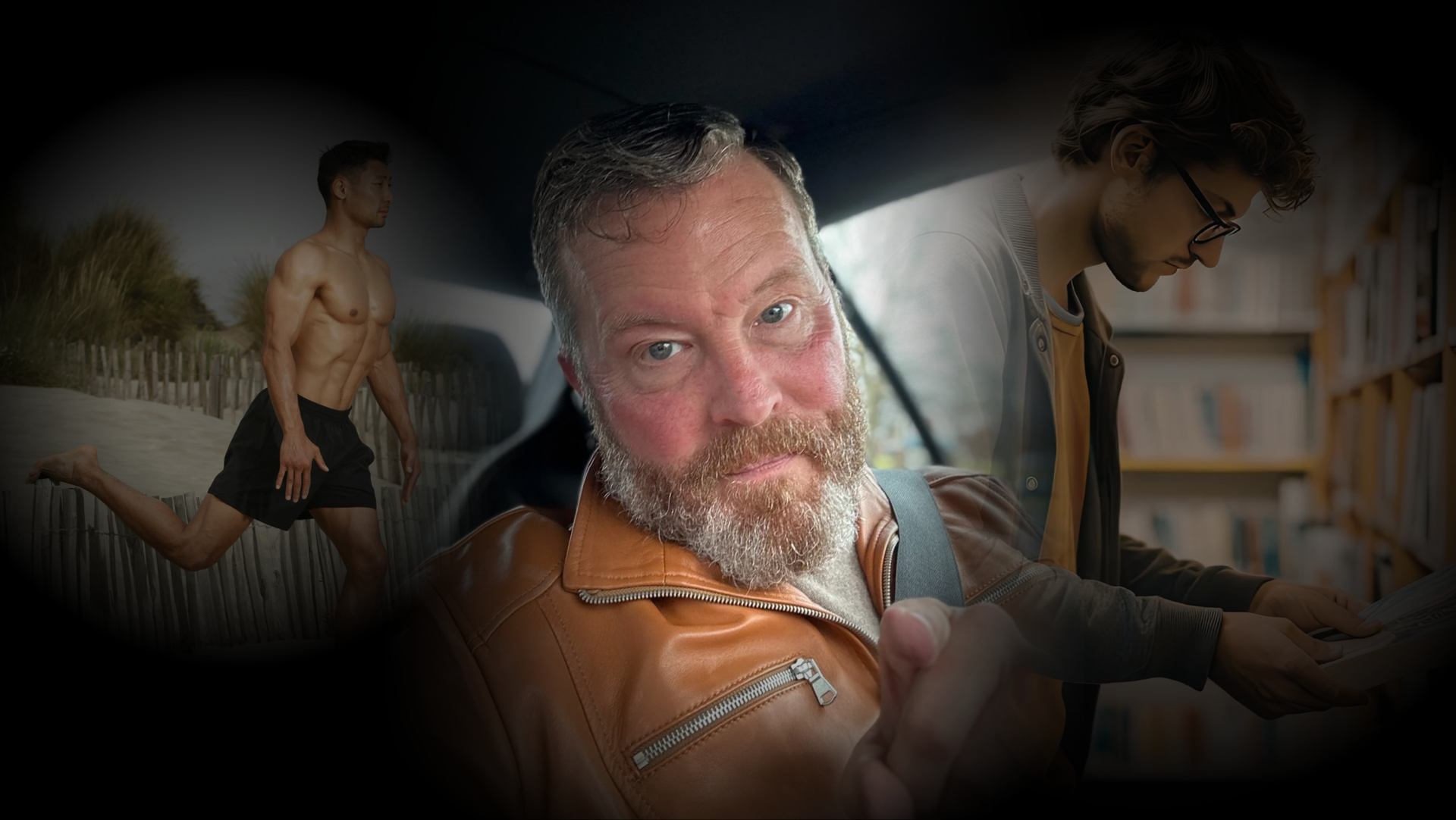 Trucker dad jumping with others on a beach at sunset—representing freedom from being stuck in life, personal growth, intentional living, and self-transformation through mindset training and character development.