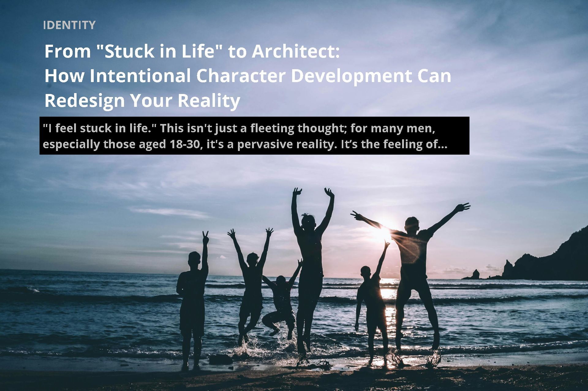 Trucker dad jumping with others on a beach at sunset—representing freedom from being stuck in life, personal growth, intentional living, and self-transformation through mindset training and character development.