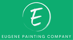 The logo for eugene painting company is a white letter e in a green circle.