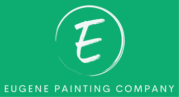 The logo for eugene painting company is a white letter e in a green circle.