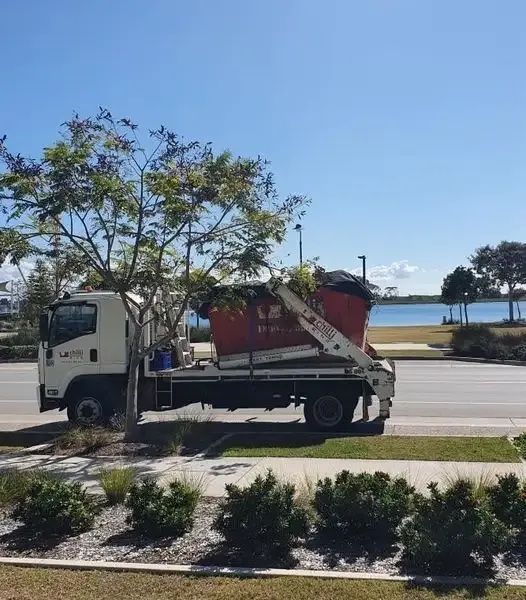 A Dumpster Is Sitting on The Side of The Road Next to A Tree — Chilli Bins Skip Bins in Maroochydore, QLD
