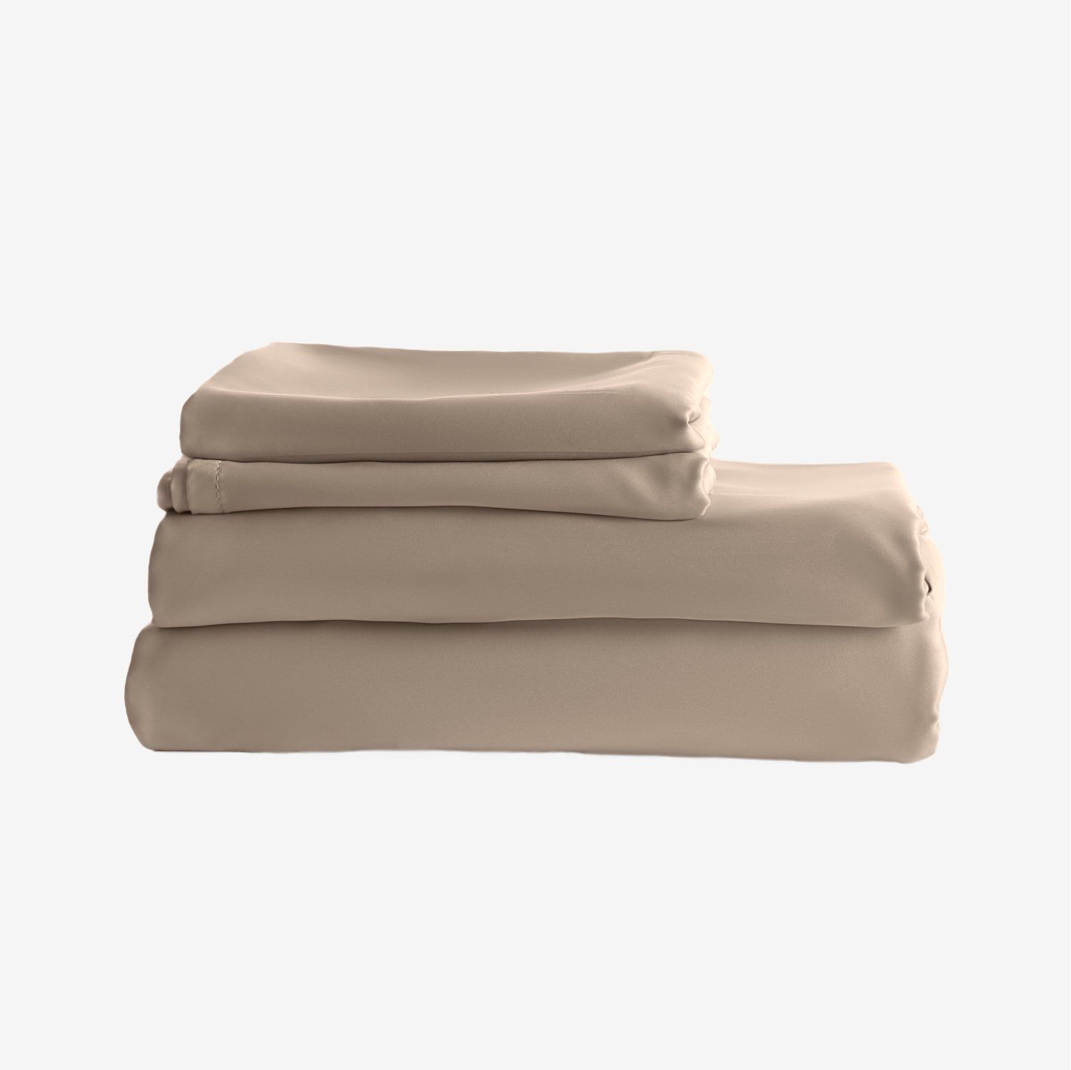 Beige bedsheet set, neatly folded and stacked.