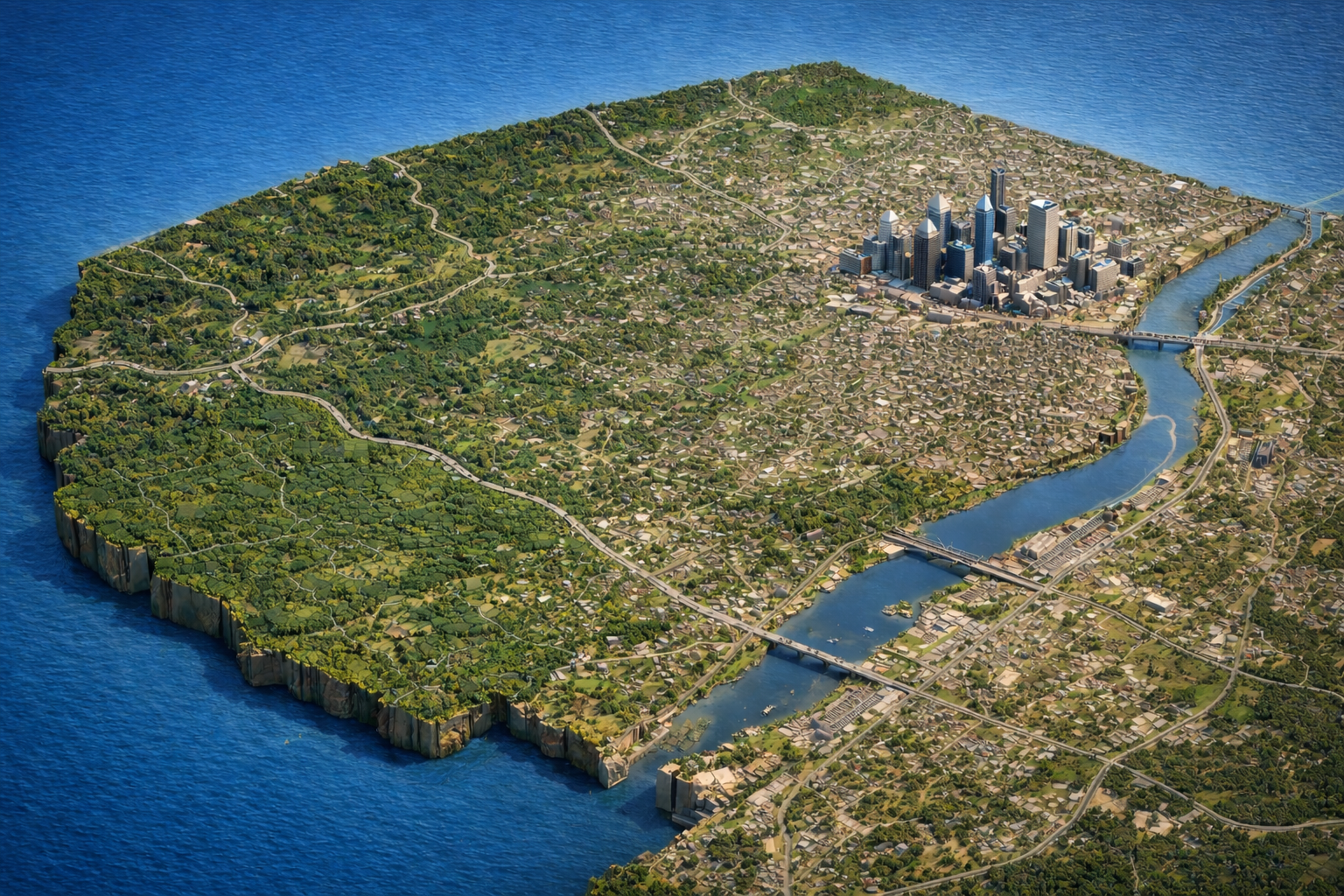Isometric view of a landmass with a city and river, surrounded by water and trees.