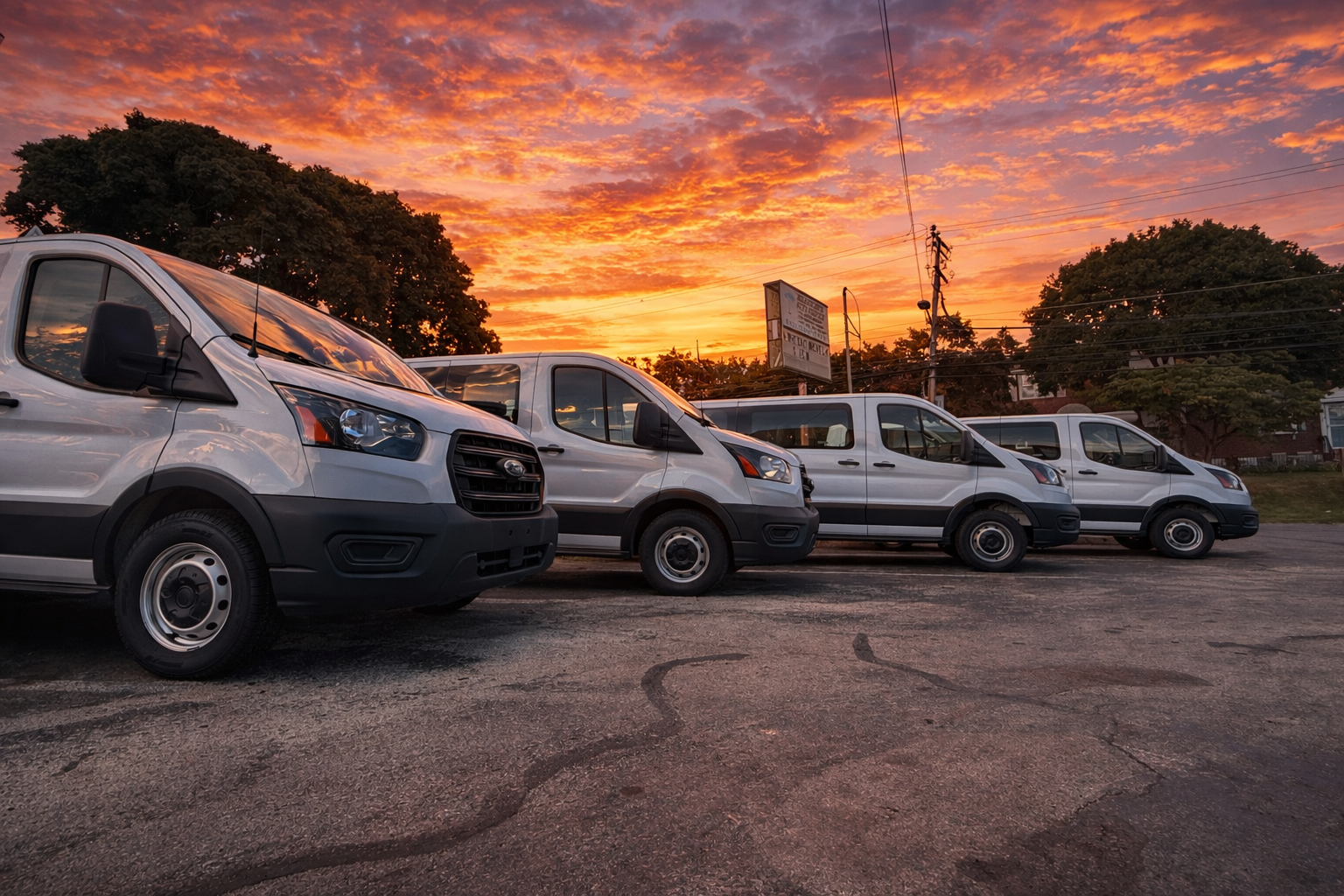 Three cars parked at White Auto Rental under a cloudy sky: a red sedan, a grey SUV, and a black sedan.