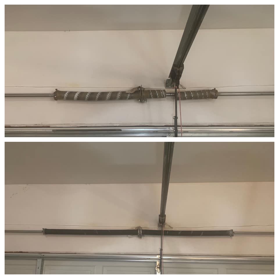 A before and after picture of a garage door spring.