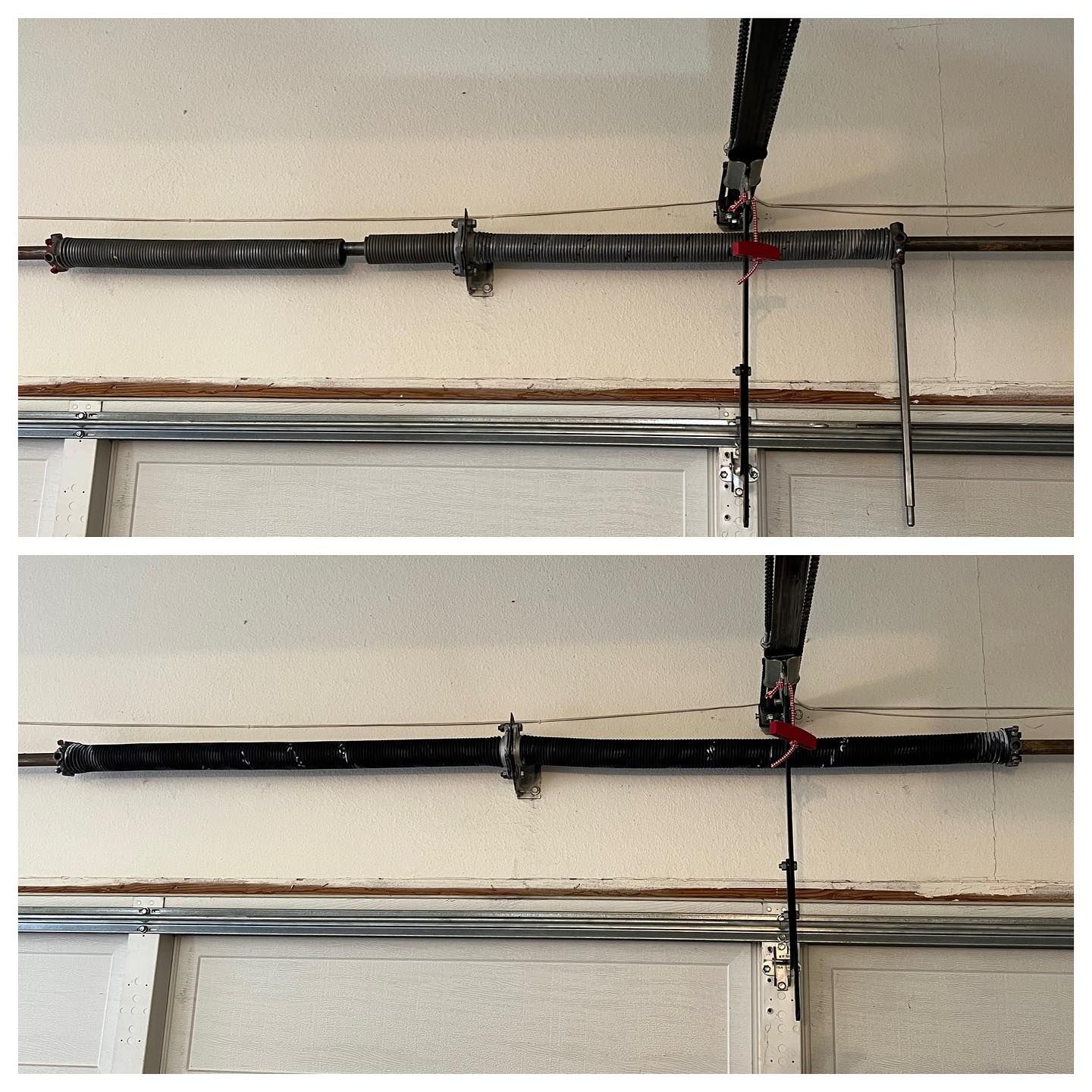 A before and after picture of a garage door spring