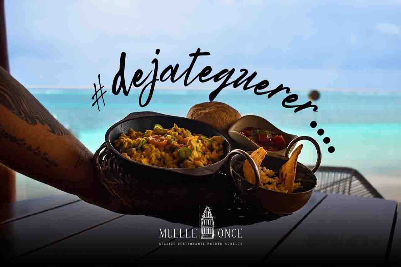 Person holding food dishes with text