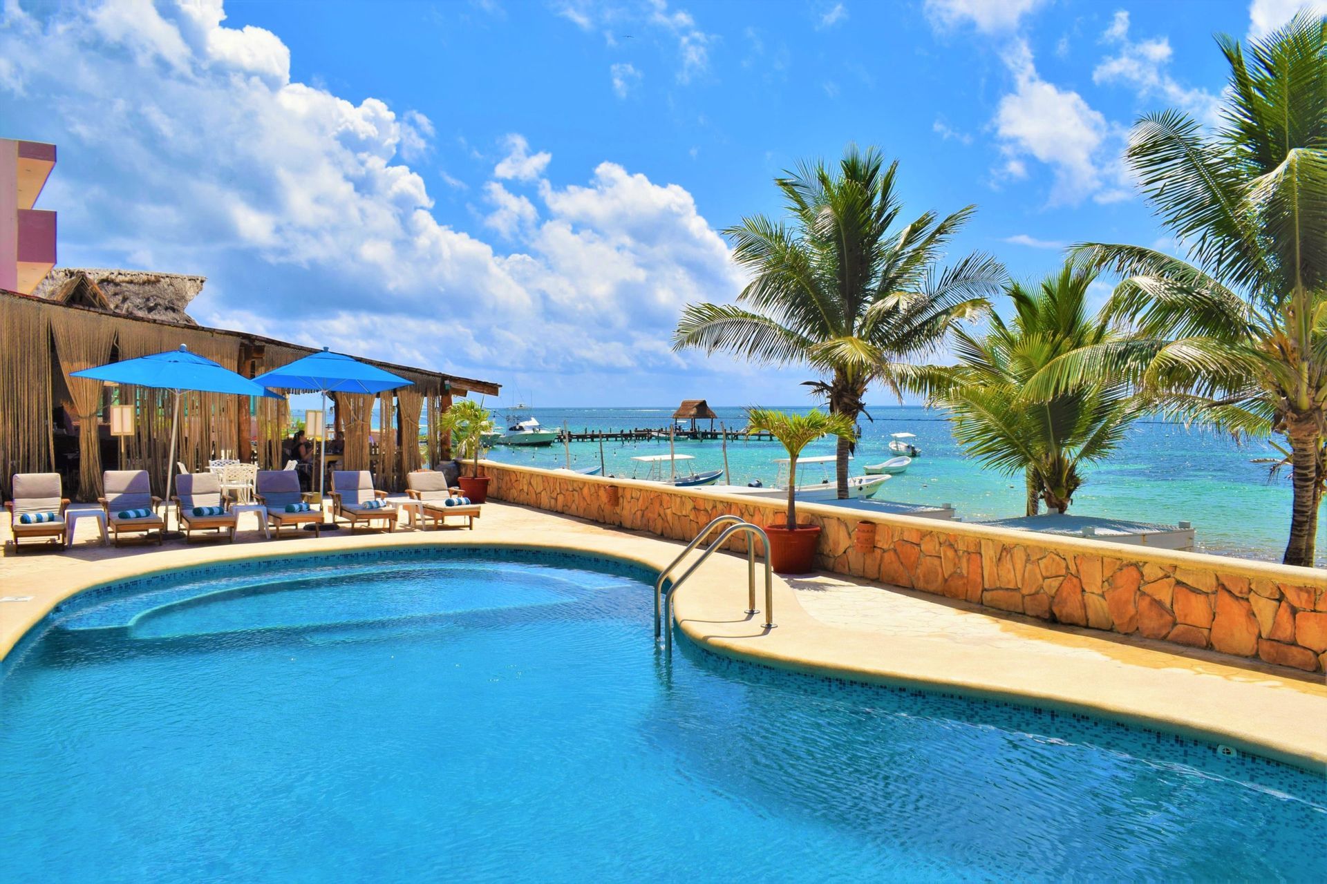 Swimming pool overlooking a beach and ocean with palm trees under a blue sky.
