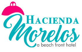 Logotipo de Hacienda Morelos con letra turquesa y diseño de sombrero de copa rosa;