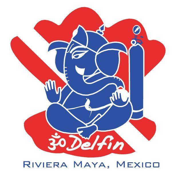 Blue Ganesh deity diving logo, red dive flag background, Riviera Maya, Mexico.