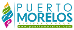 Logotipo de Puerto Morelos, con un diseño colorido y abstracto y el texto