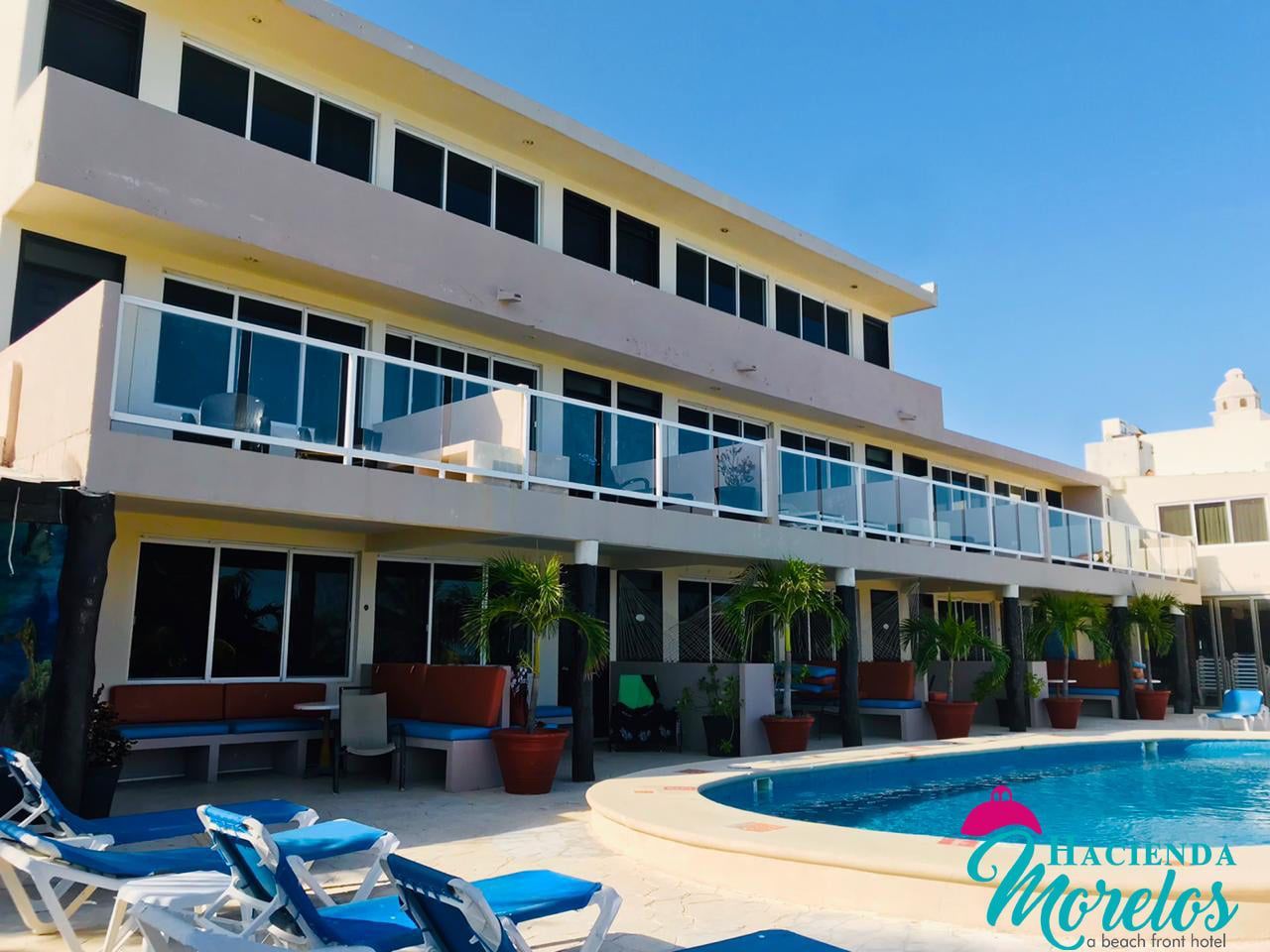 Exterior del complejo con piscina y tumbonas; día soleado.