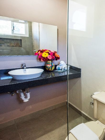 Bathroom with a white sink, flowers, and a toilet. Dark countertop. Glass shower door.