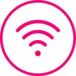 Icono de señal WiFi de color rosa en un círculo.