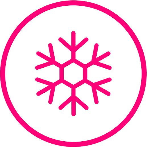 Símbolo de copo de nieve rosa en un círculo rosa.