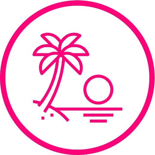 Contorno rosa de una palmera, sol y agua en un círculo blanco.