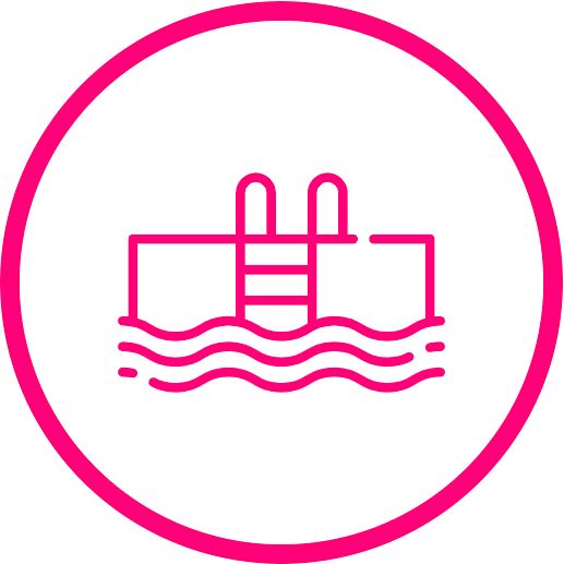 Contorno rosa de una piscina con escalera, olas y un fondo de círculo rosa.