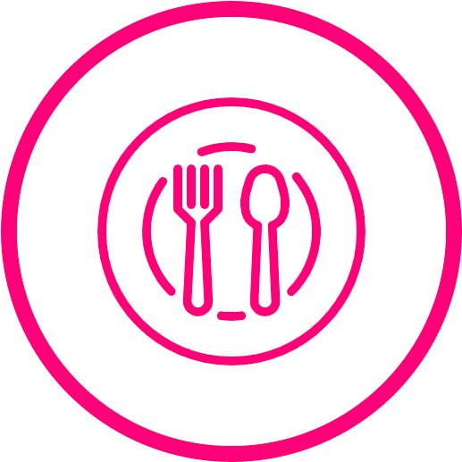 Plato rosa con tenedor y cuchara dentro de un círculo rosa.