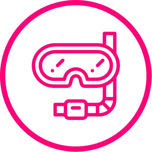 Contorno rosa de una máscara y un tubo de snorkel dentro de un círculo rosa.