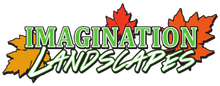 Logo with the words "IMAGINATION LANDSCAPES" in green with white trim, and autumn leaves.