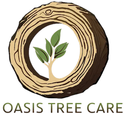 Logo: Brown tree ring around a tree with green leaves,
