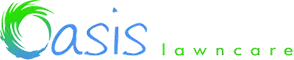 Logo for Oasis Lawncare with green and blue circular design, script 