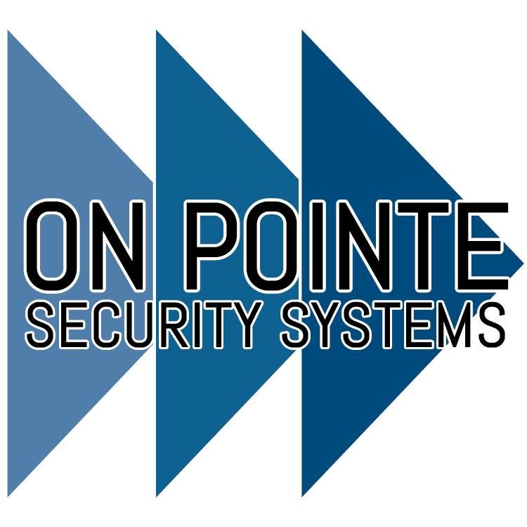 Logo for On Pointe Security Systems, featuring text over three overlapping blue arrow shapes.