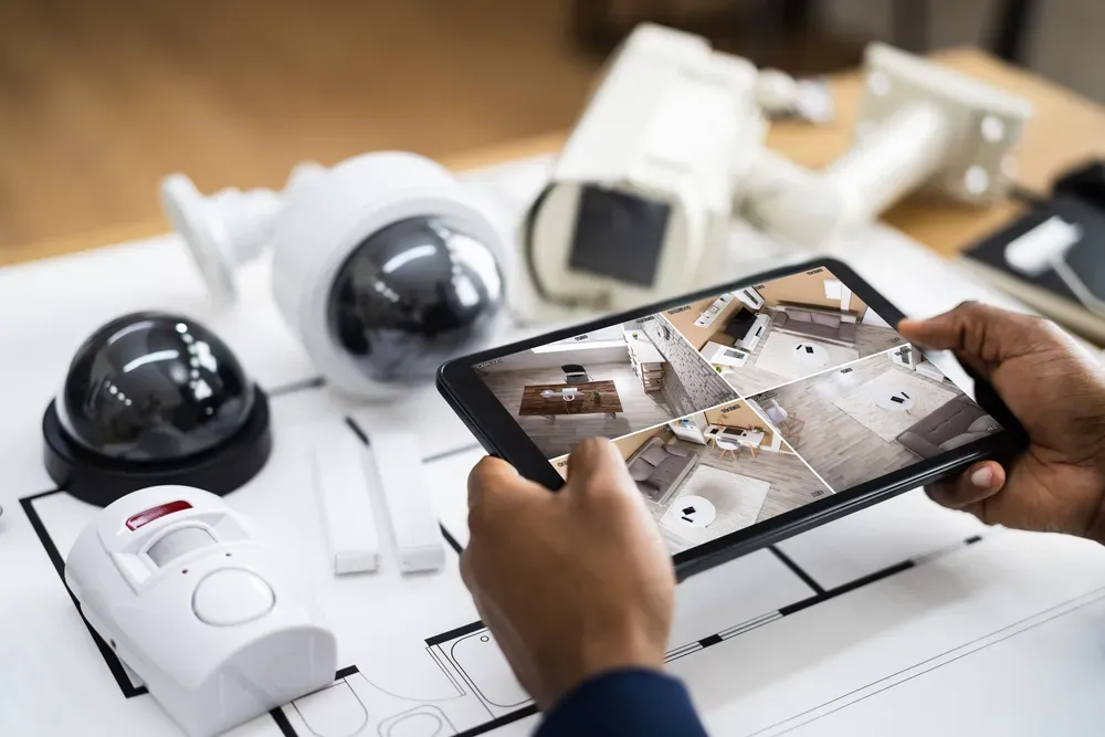 A person is holding a tablet with a security camera on it.