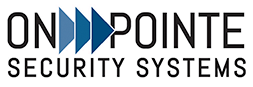 The logo for on pointe security systems is blue and black.