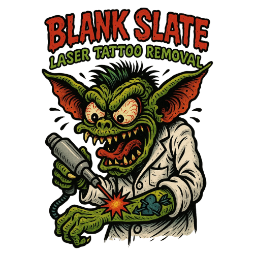 Green goblin in lab coat uses laser to remove tattoo, Blank Slate Laser Tattoo Removal.
