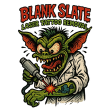 Green goblin in lab coat uses laser to remove tattoo, Blank Slate Laser Tattoo Removal.