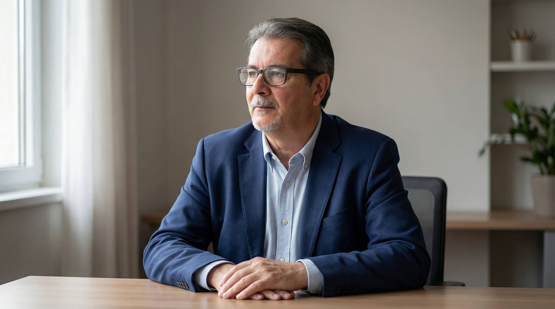 Hombre con gafas y chaqueta azul sentado en un escritorio, mirando por la ventana, con los brazos cruzados.