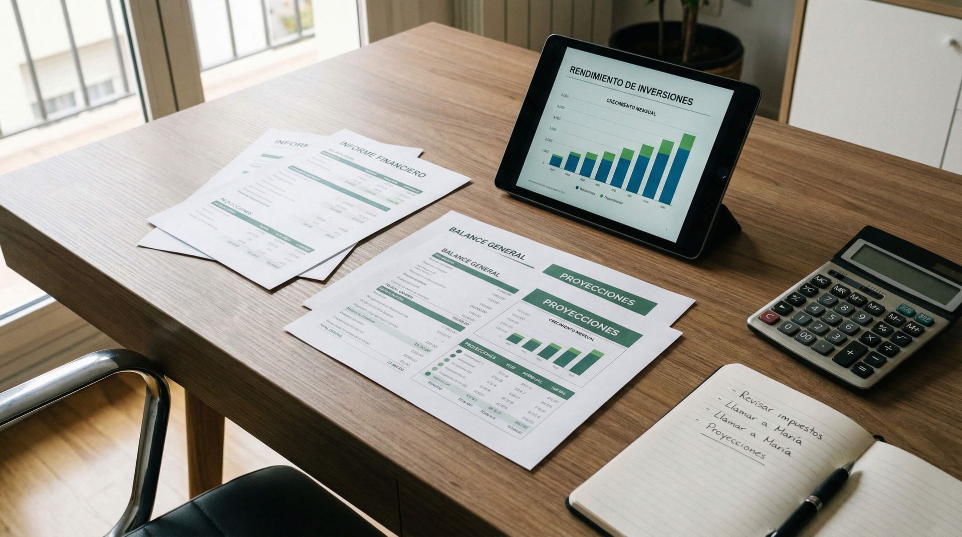 Escritorio con documentos financieros, tableta con gráficos, calculadora y bloc de notas.