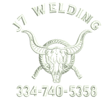 Logo for J7 Welding featuring a longhorn skull, rope, and phone number 334-740-5358.