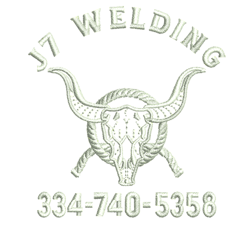Logo for J7 Welding featuring a longhorn skull, rope, and phone number 334-740-5358.